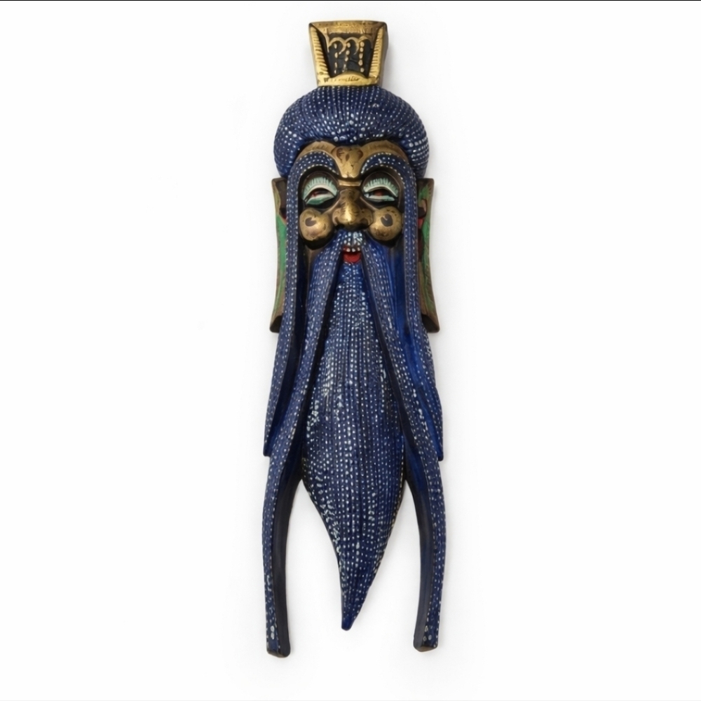 Chinese Wooden Wall Mask God of Longevity Shou Xing Blue Hand carved